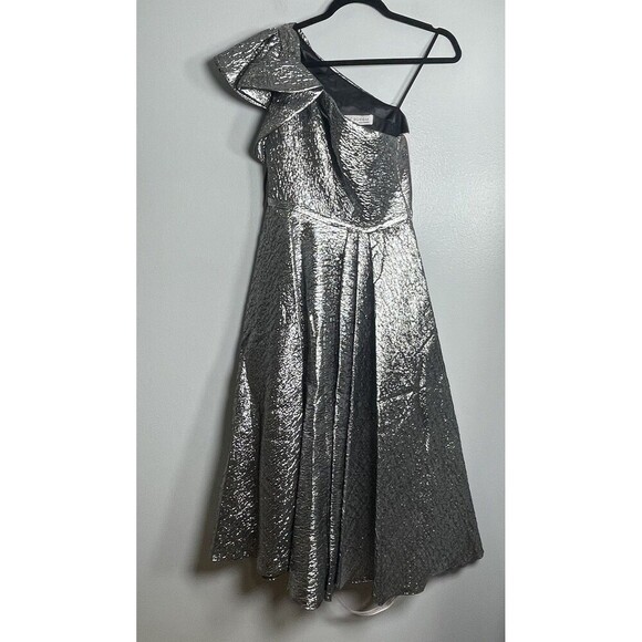 MAC DUGGAL One Shoulder Bow Midi Dress Size 2 Silver NEW Party Formal Wedding - Picture 4 of 14